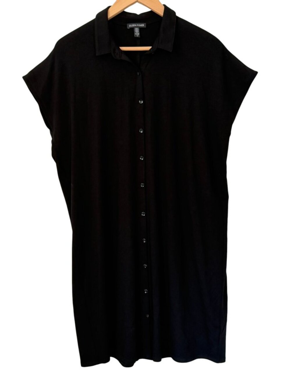 Eileen Fisher Viscose Jersey Button Front Cap Sleeve Knit Shirt Dress Black S/P